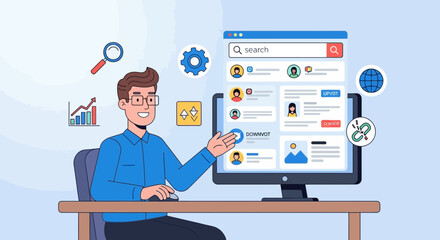 Man Presenting Online Search Engine and Social Network Interface Design