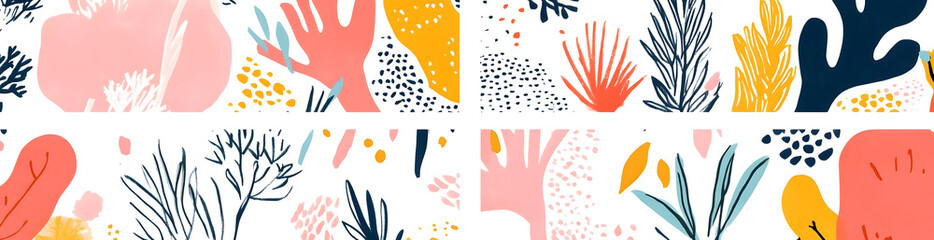 Obraz premium Hand-drawn abstract pattern with coral and leaves