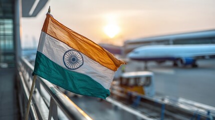 Indian Flag at Airport: A vibrant national flag waves against a backdrop of modern airport infrastructure, symbolizing global connections and journeys.