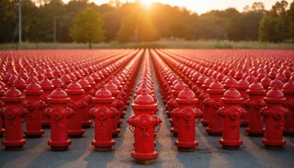 Naklejka premium Straight rows of vivid red fire hydrants stretch into distance under bright sunlight. Public safety city infrastructure and urban planning. Fire prevention equipment arranged order for urban security.