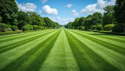 Fototapeta premium Rich green lawn with neatly mowed stripes, surrounded by trees, under clear blue sky. Manicured garden evokes calmness. Serene landscaping with symmetry, fresh vibrant colors and peaceful scenery.