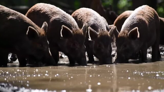 Wild pigs drinking at a muddy waterhole