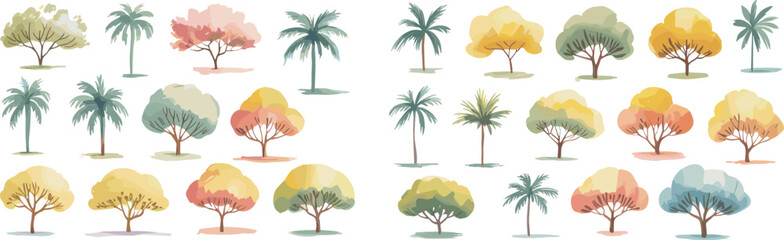 Watercolor tropical and deciduous tree collection, palm trees with colorful foliage, botanical illustration, summer landscape art, exotic garden, nature clipart design