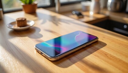 Modern smartphone lying on wooden kitchen counter with coffee cup  