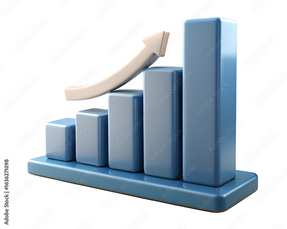 Poster blue 3d bar graph with upward arrow isolated on transparent background