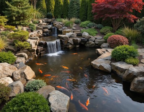 Serene backyard koi pond featuring waterfall surrounded by landscaping. Japanese garden design with stone, plants, colorful fish, creates tranquil, peaceful atmosphere. Home decor, water feature, zen