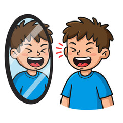 Happy Boy Laughing in Mirror Reflection.