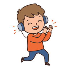 Happy Boy Listening to Music with Headphones.