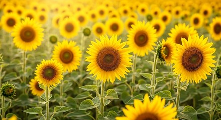 A breathtaking agricultural landscape of a vast sunflower field glowing in warm sunlight, with bright yellow blossoms stretching to the horizon.