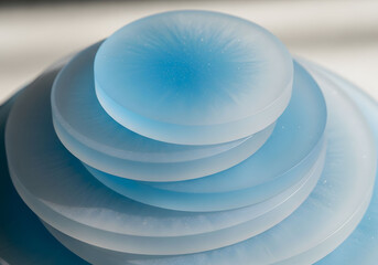 A stack of translucent blue glass circles creates an abstract and artistic design