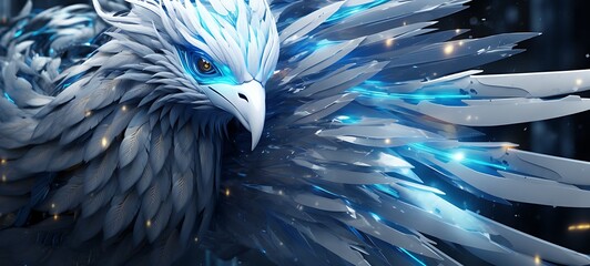 A white cyber phoenix made of metal blue eyes, ai generative