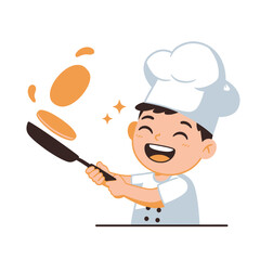 Naklejka premium Happy Young Chef Flipping Pancakes in a Pan.