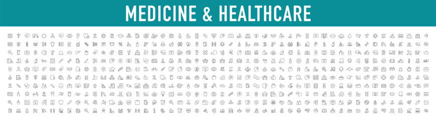 Set of 500 Medical and Healthcare web icons in line style. Medicine, check up, doctor, dentistry, pharmacy, lab, scientific discovery, collection. Vector illustration.