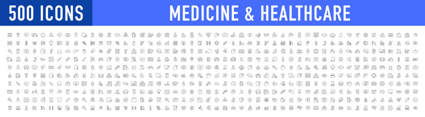 Plakat Set of 500 Medical and Healthcare web icons in line style. Medicine, check up, doctor, dentistry, pharmacy, lab, scientific discovery, collection. Vector illustration.