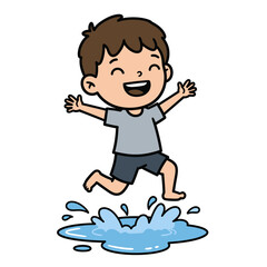 Joyful Boy Jumping in Puddle.