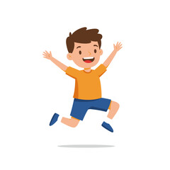 Joyful Boy Jumping with Arms Raised High.