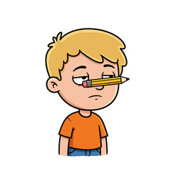 Bored Boy With Pencil Across Nose.