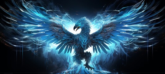 A white cyber phoenix made of metal blue eyes, ai generative