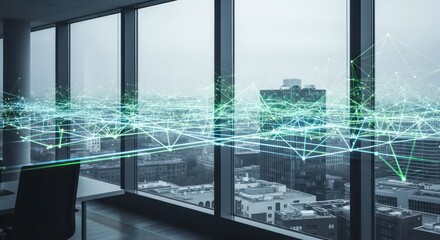 Smart City Vision: Luminous Green Data Network Over a Metropolis from a High-Rise Office.