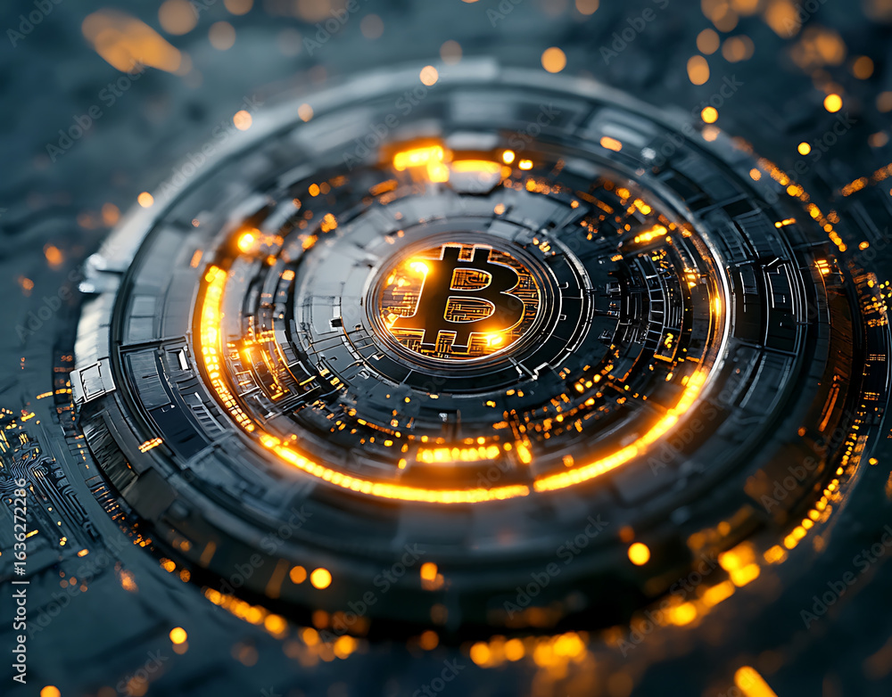 Poster digital representation of cryptocurrency featuring central bitcoin symbol surrounded by intricate ci