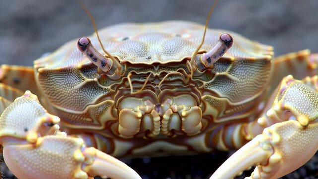 Intense Close-Up of a Light-Colored Crab with Stalked Eyes and Textured Shell