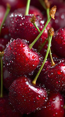 A bunch of cherries with water droplets on them