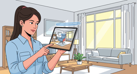 Augmented Reality Home Decorating With Tablet Displaying Interior Design