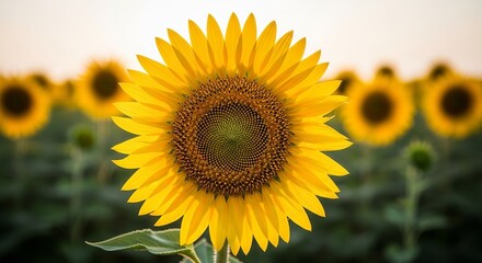 Obraz premium Close-up view of a bright yellow sunflower in full bloom, showcasing its intricate seed pattern against a blurred field of sunflowers at sunset.