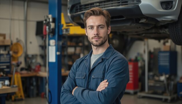 Young confident mechanic stands in auto repair shop. Man, crossed arms, vehicle maintenance, garage service. Automotive pro, labor, skill, business, teamwork, problem solving. Worker in workwear,