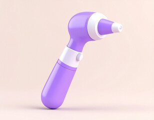 A 3D cartoon purple otoscope with white accents, standing upright against a light beige background.