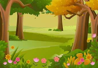 Cartoon nature landscape vector illustration. With green meadow, grass, flowers and trees  farm, village countryside for kids theme background.