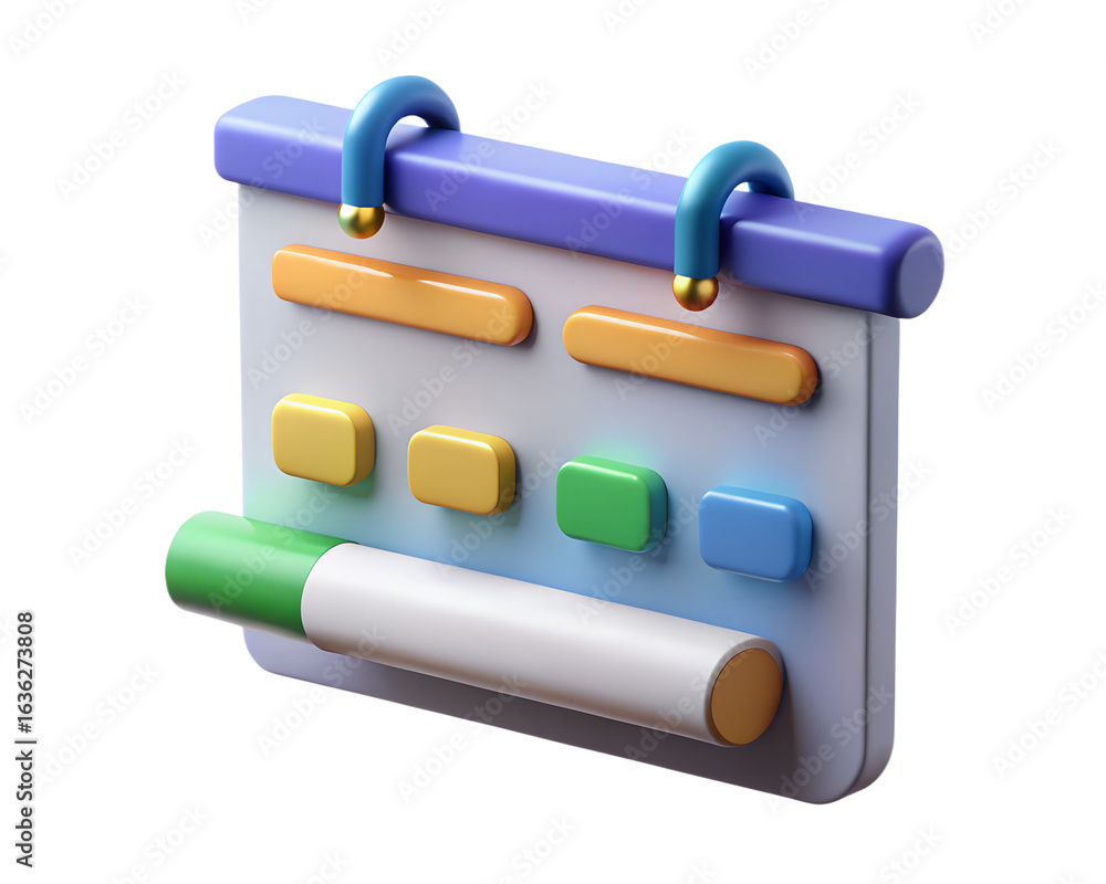 Poster 3d rendering of a whiteboard with markers and clips isolated on transparent background