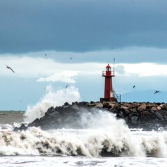 Obraz premium Crashing Waves Against a Lighthouse on a Rocky Coast