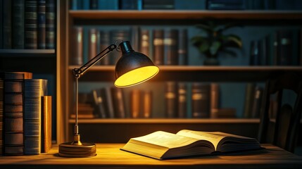 Obraz premium A cozy reading lamp illuminates an open book on a bookshelf, creating a serene study atmosphere perfect for quiet moments.