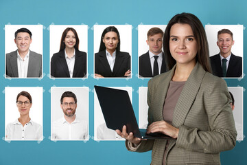 Recruiter with laptop looking for employee against light blue background. Photos of candidates behind her. Human resources management.