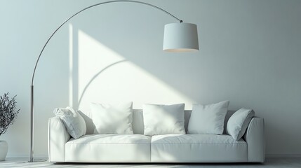 A contemporary arc floor lamp illuminates a modern sofa in a clean interior, creating soft light and striking shadows.