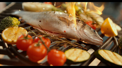 Grilling fresh sea bass with vegetables and flames rising