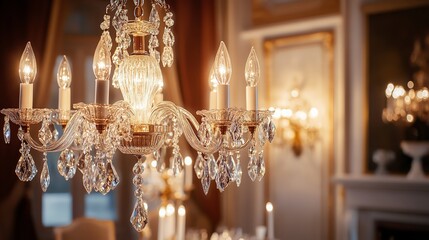 A classic chandelier with crystal pendants illuminates an elegant dining room, featuring candle-like bulbs, showcasing high-resolution detail.