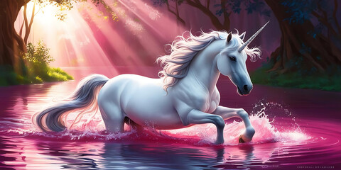 A majestic white unicorn wading through a pink river surrounded by a mystical forest scene art