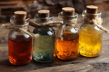 magic potions in bottles on wooden background