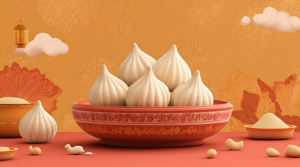 Illustration of Modaks on a plate on decorated background - Happy Ganesh Chathurthi