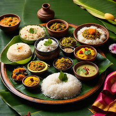 Exquisite South Indian cuisine platter with rice, curries, and vibrant flavors