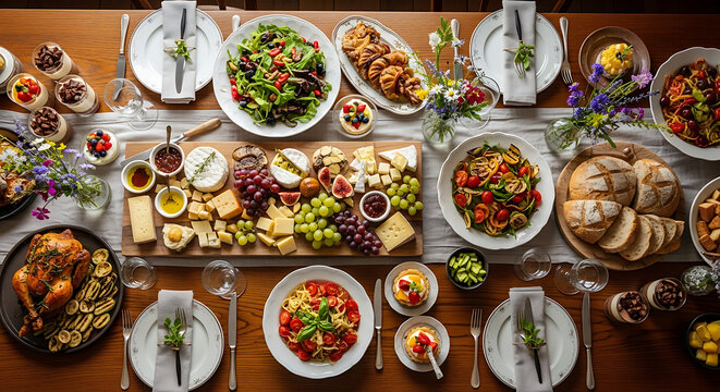 Top-down view of a bountiful feast on a long wooden table, set for a festive family gathering or holiday celebration.