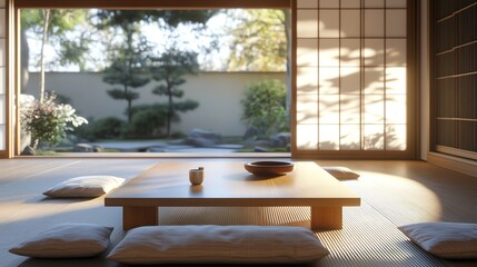 Fototapeta premium A Japanese-style low wooden table surrounded by floor cushions, showcasing a minimal interior with realistic natural light.