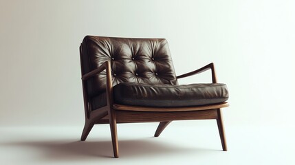 Explore the elegance of a mid-century modern wooden lounge chair adorned with leather cushions in a retro setting, ultra-detailed.