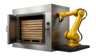 Automated wood kiln with robotic arm loading and unloading for a high-capacity sawmill operation