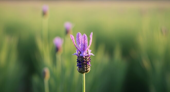 A single delicate purple Spanish lavender flower in a closeup with a dreamy, soft-focus green field background at sunrise.