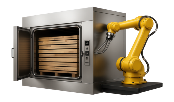 Automated wood kiln with robotic arm loading and unloading for a high-capacity sawmill operation