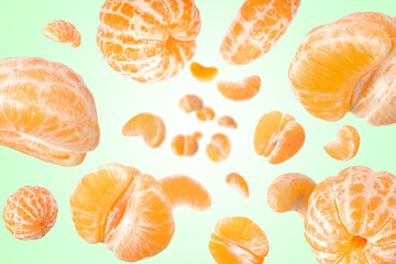 Sweet tangerines whirling in air against aquamarine gradient background