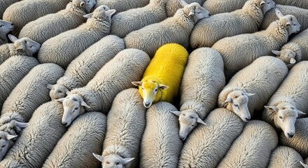 Individuality and Standing Out Concept with a Yellow Sheep in a Flock of White Sheep